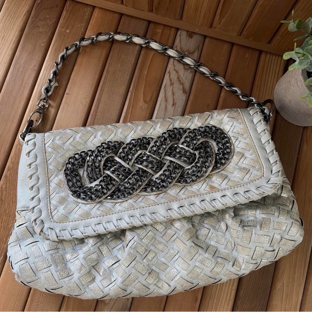 Metallic Woven Shoulder Bag Chain Link Strap w Beaded Statement Design, Y2K
